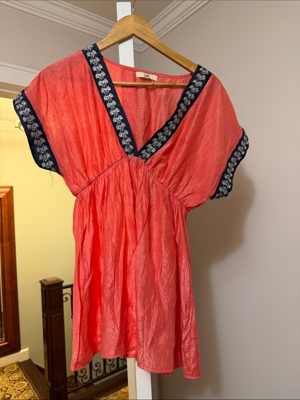 Coral V-Neck Tunic with Navy Embroidered Trim size L